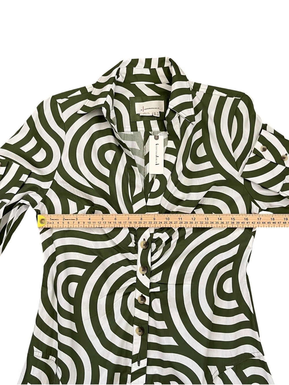 Anthropologie Green Geometric Poplin Shirt Dress Button Front Cotton Size 8 NWT - Picture 11 of 12
